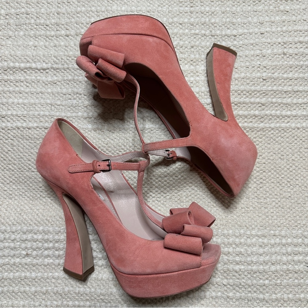 MIU MIU camelia pink suede leather Camoscio peep toe heels 38.5 Barbie - Picture 6 of 14